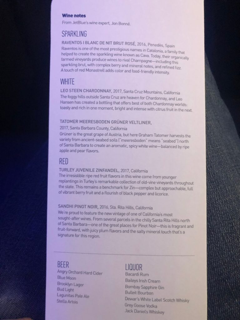 JetBlue Mint Drink Menu