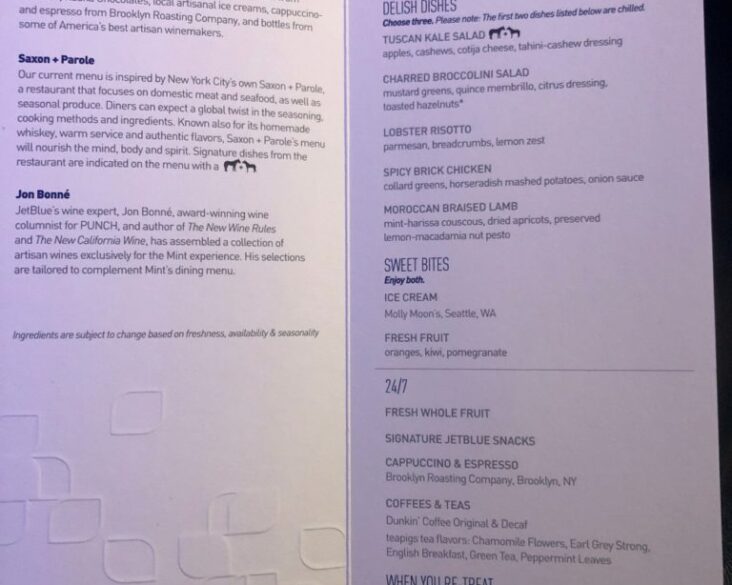 JetBlue Mint Menu